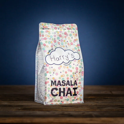 Harry's Hot Chocolate Masala Chai hot chocolate in a 1kg bag, with a rich blend of spices and creamy texture.