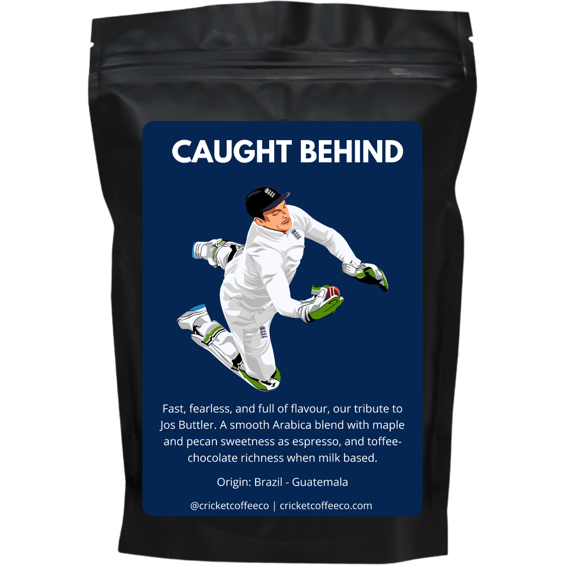 Bag of Caught Behind coffee from Clubhouse Roastery featuring the branded packaging for this specialty coffee blend.