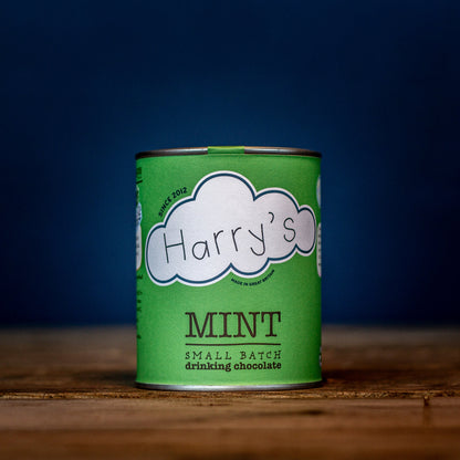 Harry's Hot Chocolate Mint 44% hot chocolate in a square packaging, showcasing the vibrant mint flavor and rich chocolate texture.
