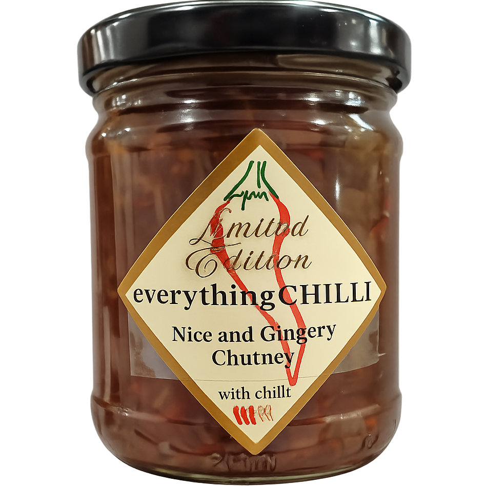 A glass jar of 'Nice and Gingery'chutney with a black lid and a diamond-shaped cream label. Looks delicious, yum yum!