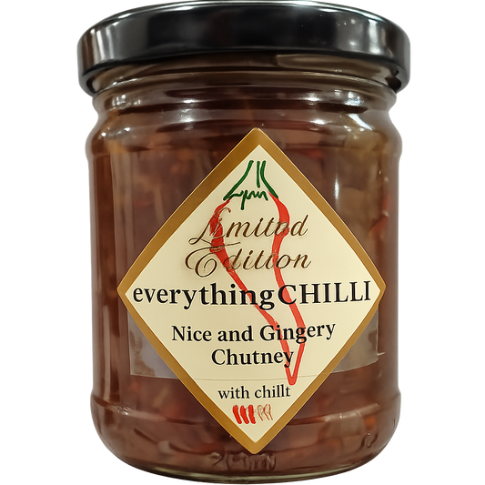 Limited edition Nice & Gingery chutney by everythingCHILLI, showcasing a jar filled with spicy, flavorful chutney with fresh ingredients.