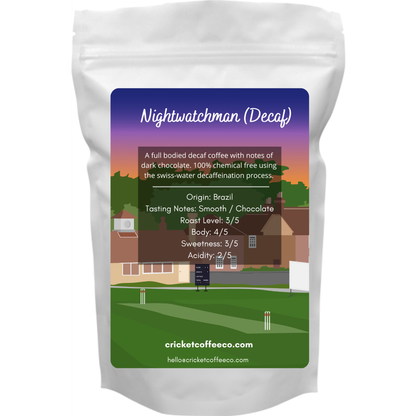 Bag of Clubhouse Roastery Nightwatchman Decaf Coffee beans, showcasing the packaging with coffee branding and label details.