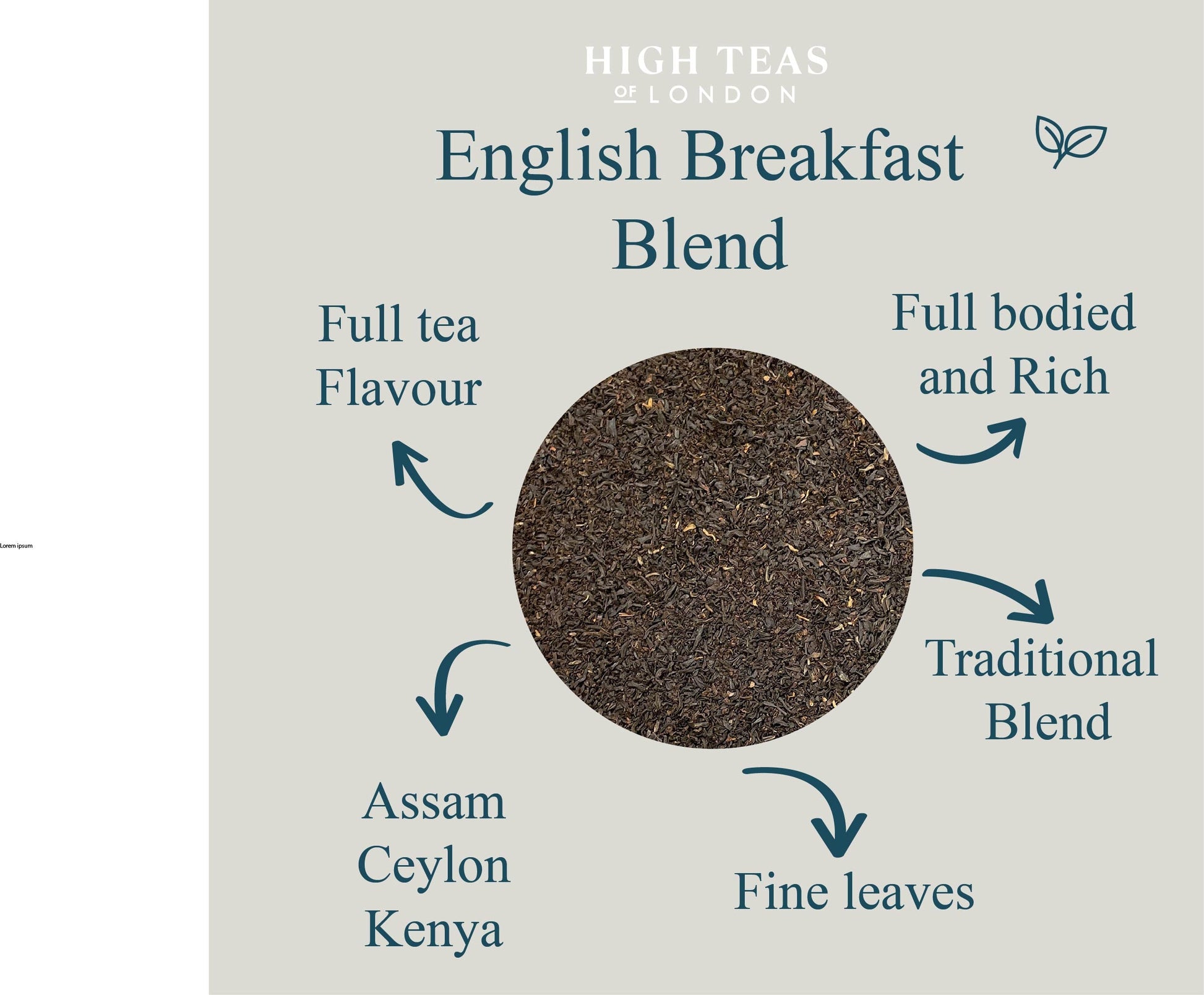 Loose leaf English Breakfast Blend No.6 tea by High Teas, showing medium-sized tea leaves in a natural, fresh appearance.
