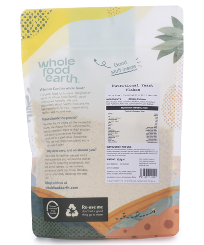 Whole Food Earth nutritional yeast flakes with B12 in a 125g package, featuring yellow flakes used as a savory supplement.