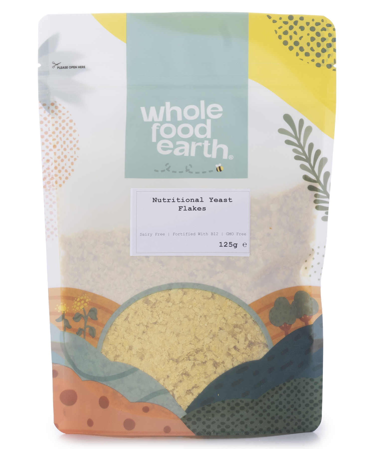 Whole Food Earth nutritional yeast flakes with B12 in a 125g package, showing golden yellow flakes on a white background.