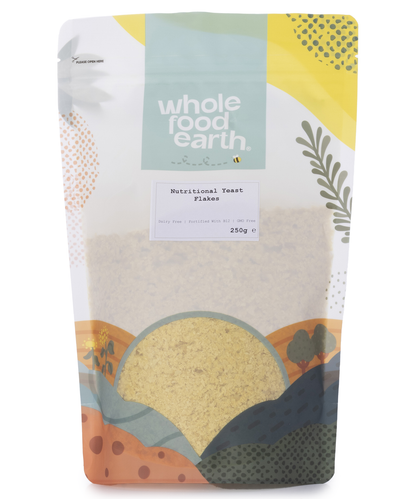Whole Food Earth nutritional yeast flakes with B12 in a 250g package, showing golden, flaky nutritional yeast on a white background.
