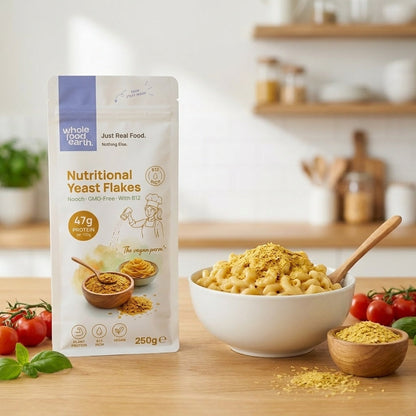 Whole Food Earth nutritional yeast flakes with B12, a vegan-friendly supplement rich in nutrients, displayed in a 250g package.