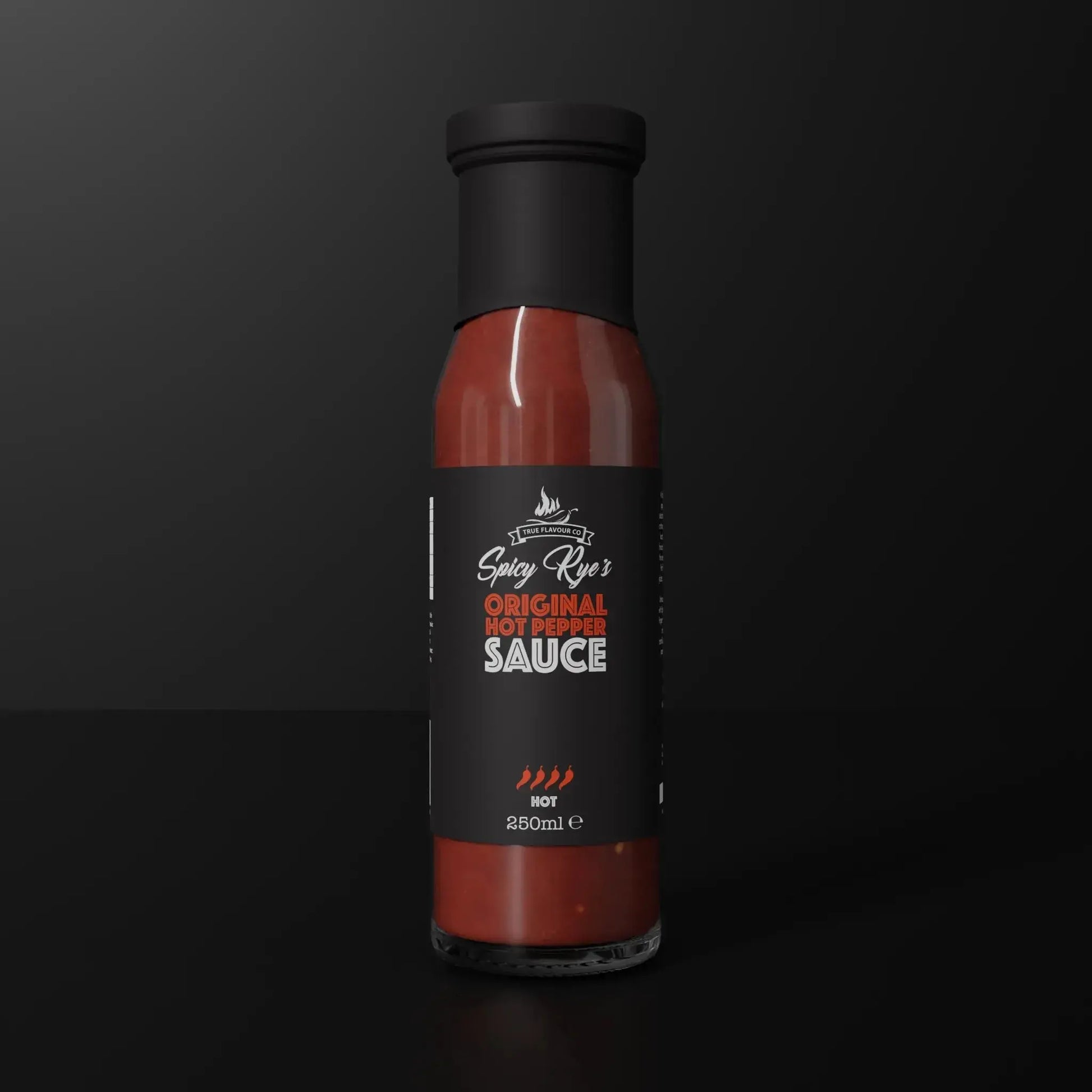 Spicy Ryes Original Hot Pepper Sauce bottle with vibrant red hot peppers and spicy sauce inside.