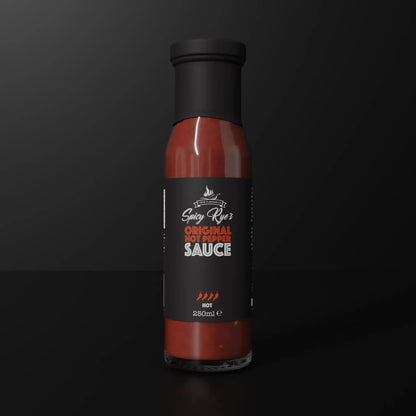 Spicy Ryes Original Hot Pepper Sauce bottle with vibrant red hot peppers and spicy sauce inside.