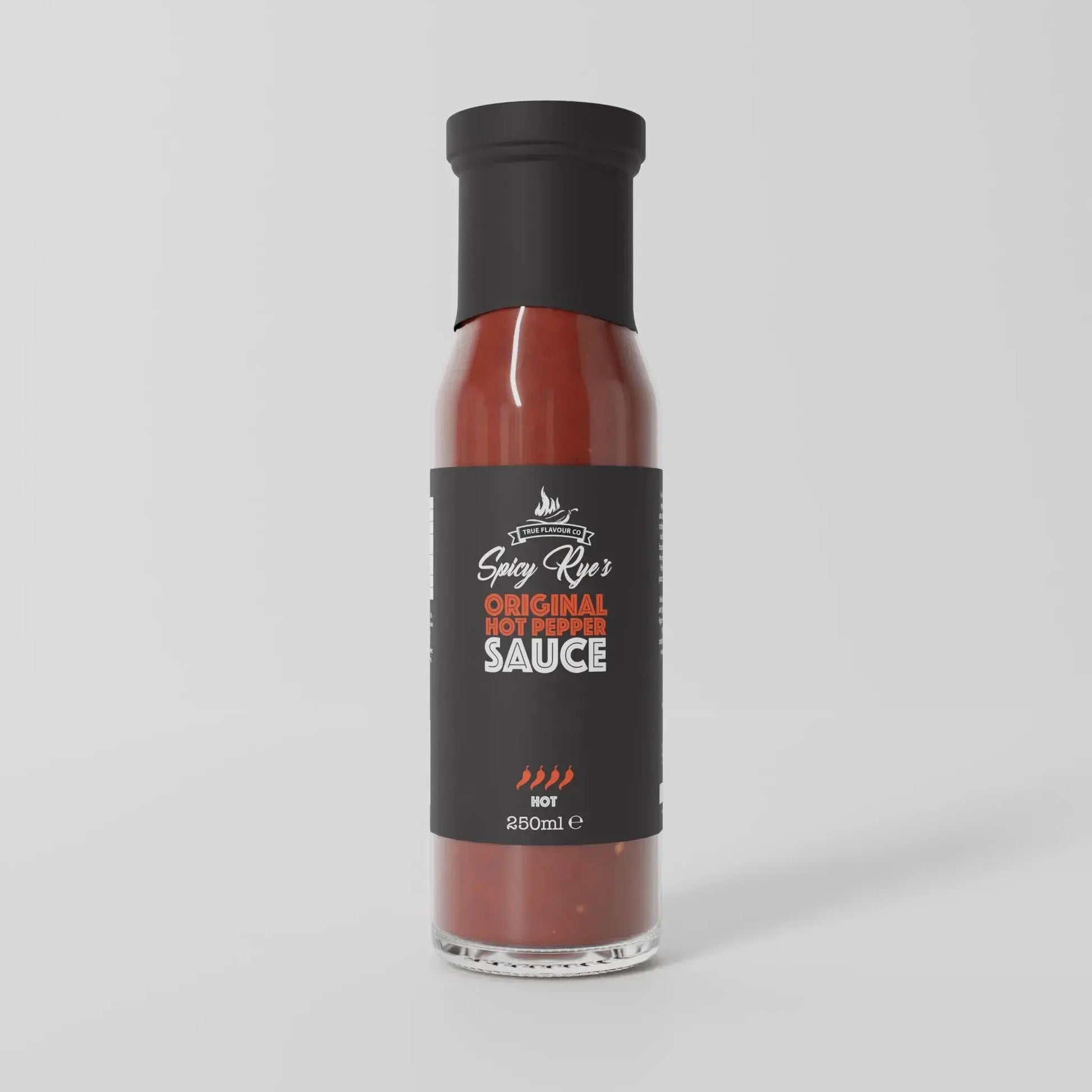 Spicy Ryes Original Hot Pepper Sauce bottle with bright red hot sauce inside, featuring a label showcasing peppers on a dark background.