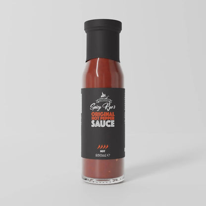 Spicy Ryes Original Hot Pepper Sauce bottle with bright red hot sauce inside, featuring a label showcasing peppers on a dark background.