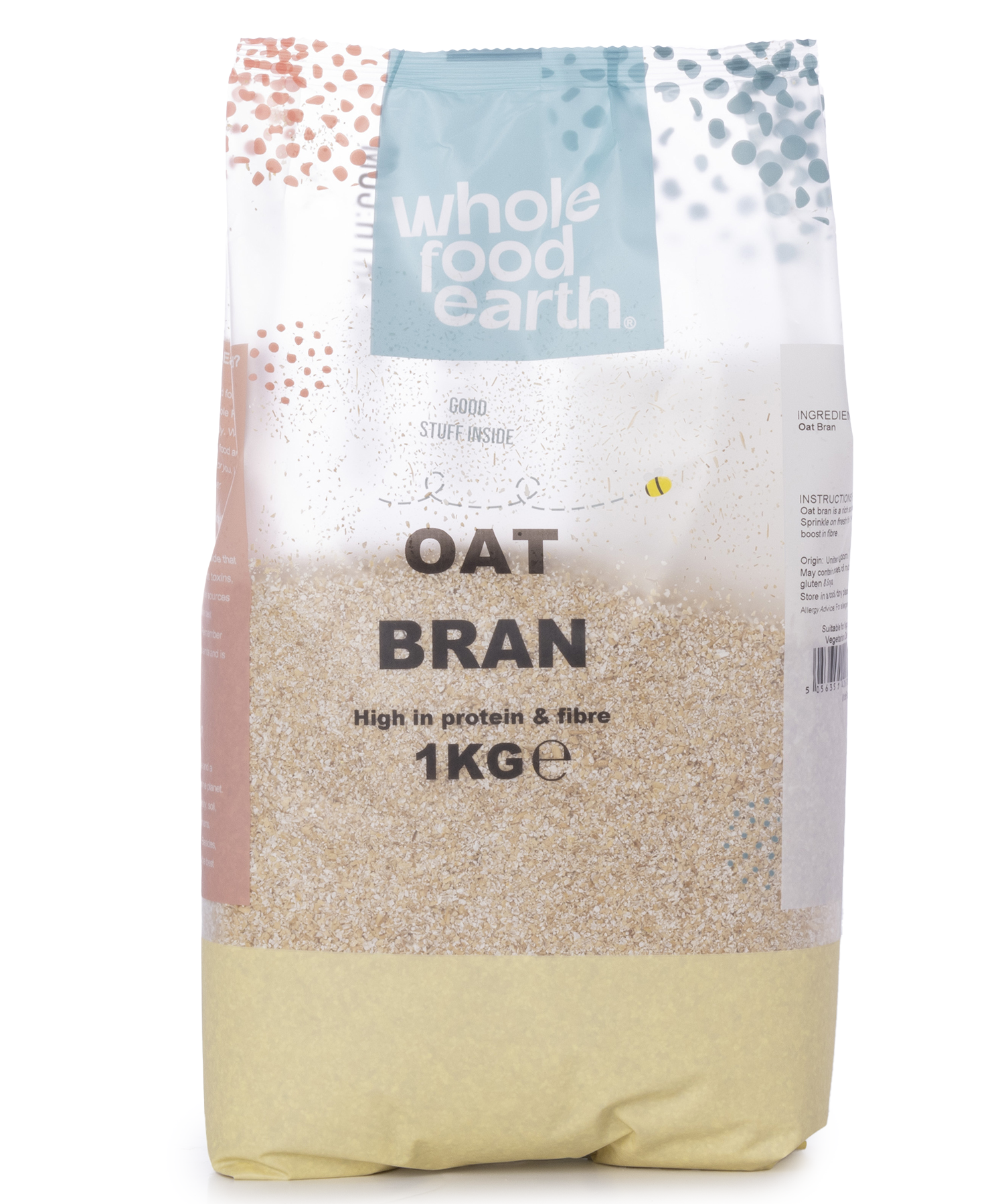 Whole Food Earth oat bran cereal in a 1kg package, showing the dry oat bran with textured flakes and natural appearance.