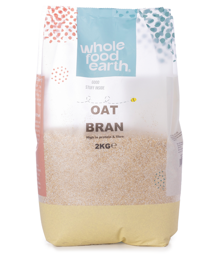 Bag of Whole Food Earth oat bran cereal showing the label and 2kg packaging in a kitchen setting