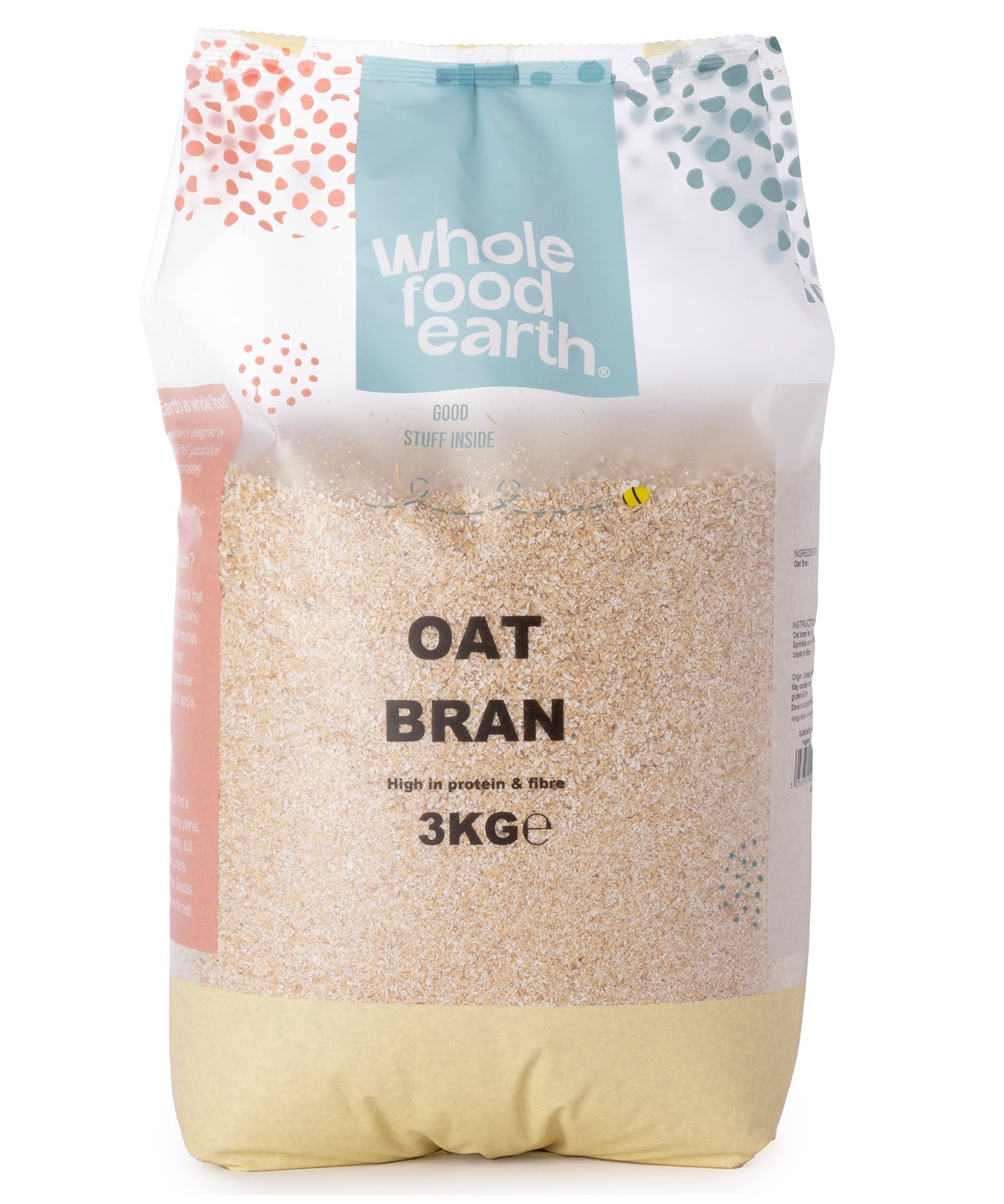Whole Food Earth oat bran cereal in a 3kg package, showing the dry, textured oat bran product in a clear bag.
