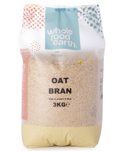 Whole Food Earth oat bran cereal in a 3kg package, showing the dry, textured oat bran product in a clear bag.