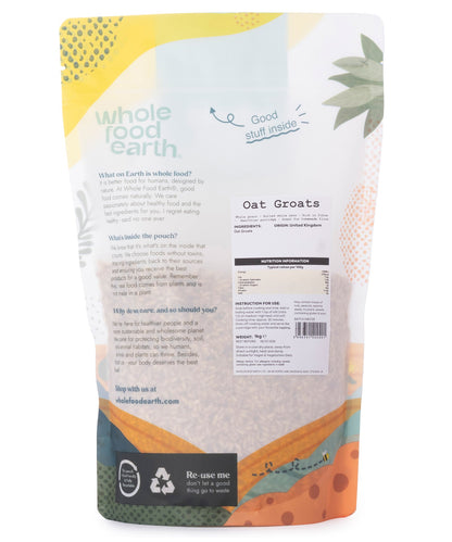Whole Food Earth oat groats in a 1kg bag, showing plump, whole oat grains, ideal for cooking or baking.