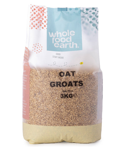 Whole Food Earth oat groats in a 3kg bag, showing the large, whole oat grains suitable for cooking or baking.