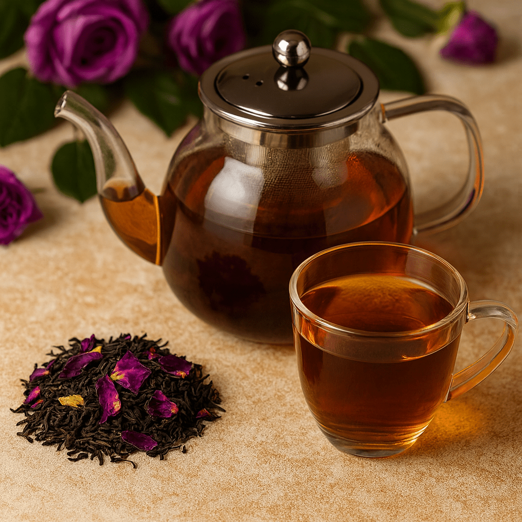 Assorted loose leaf teas and infusions in a premium bundle from Camellios, displayed in glass jars with tea leaves and herbs.