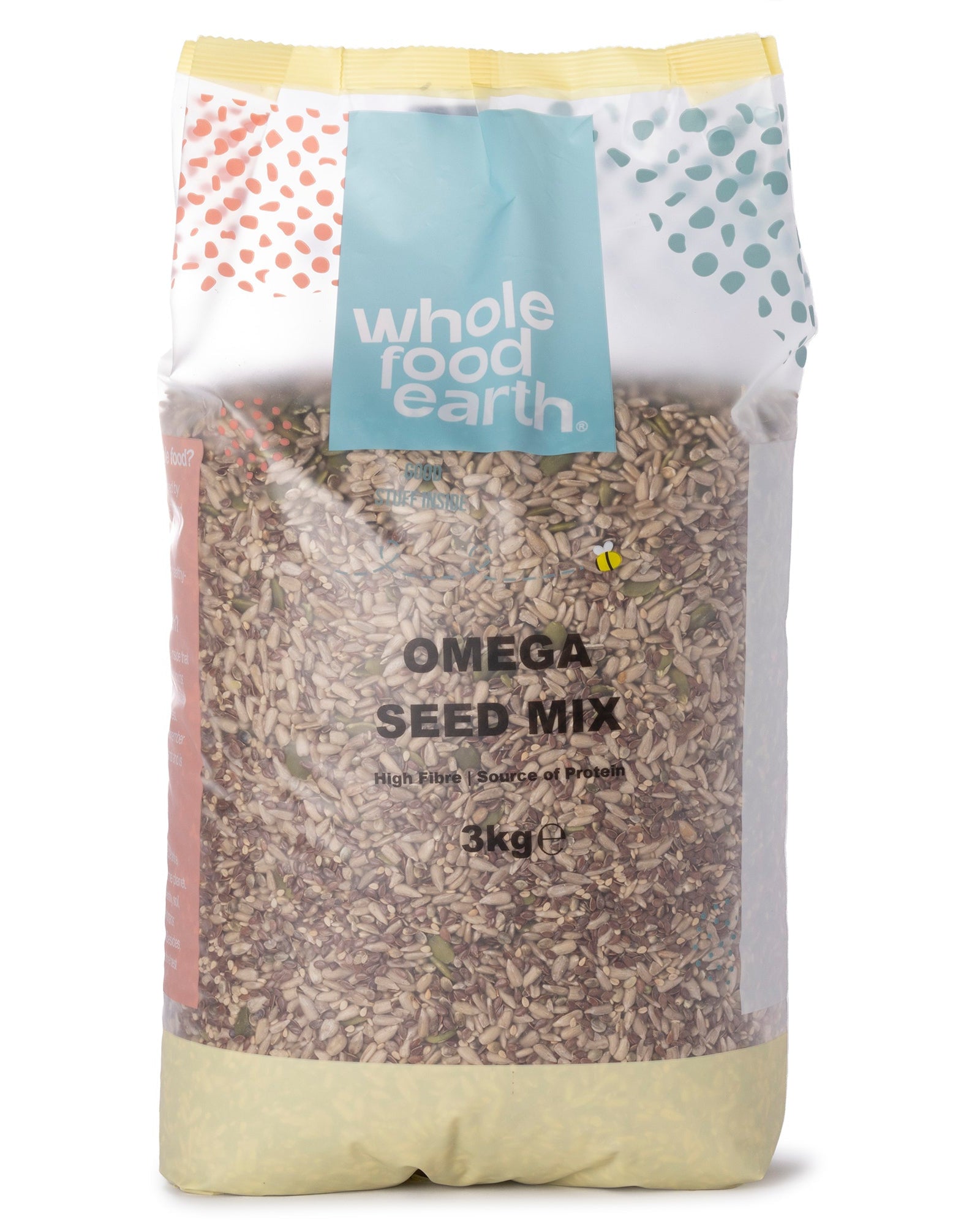Whole Food Earth Omega Seed Mix featuring a blend of five nutritious seeds in a 3kg package, ideal for healthy snacking or cooking.