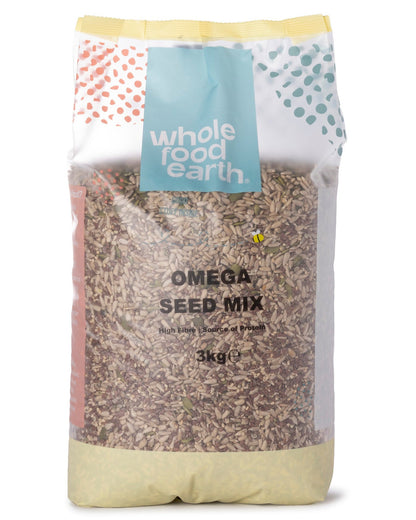 Whole Food Earth Omega Seed Mix featuring a blend of five nutritious seeds in a 3kg package, ideal for healthy snacking or cooking.