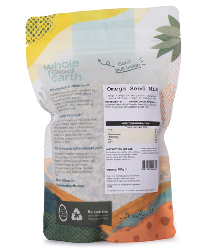 Whole Food Earth Omega Seed Mix featuring a blend of five nutritious seeds in a 500g package.