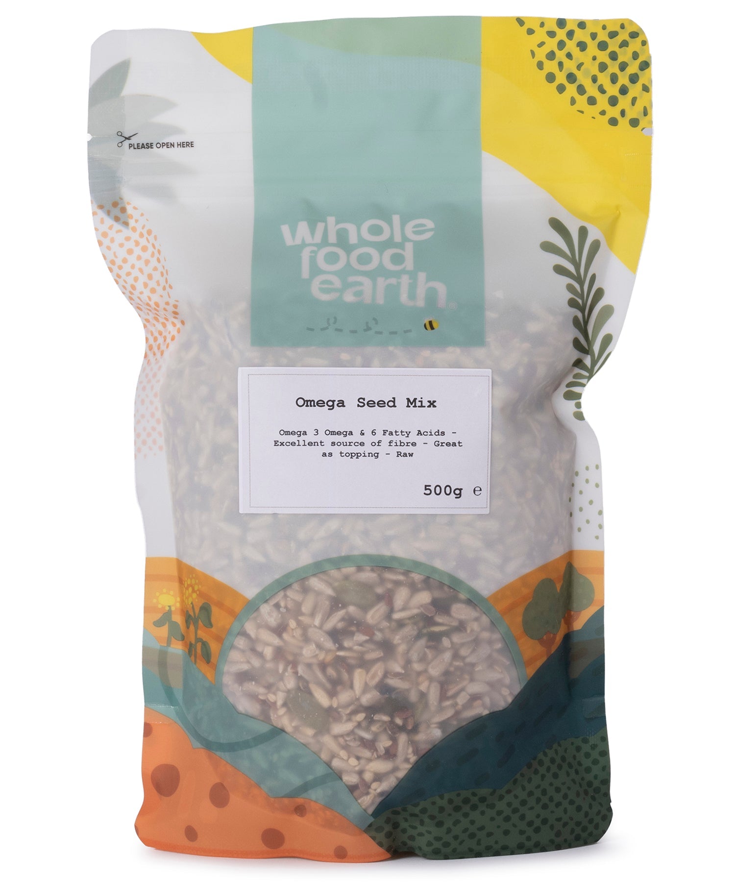 Assorted omega seed mix with a blend of five nutritious seeds in a 500g package by Whole Food Earth.