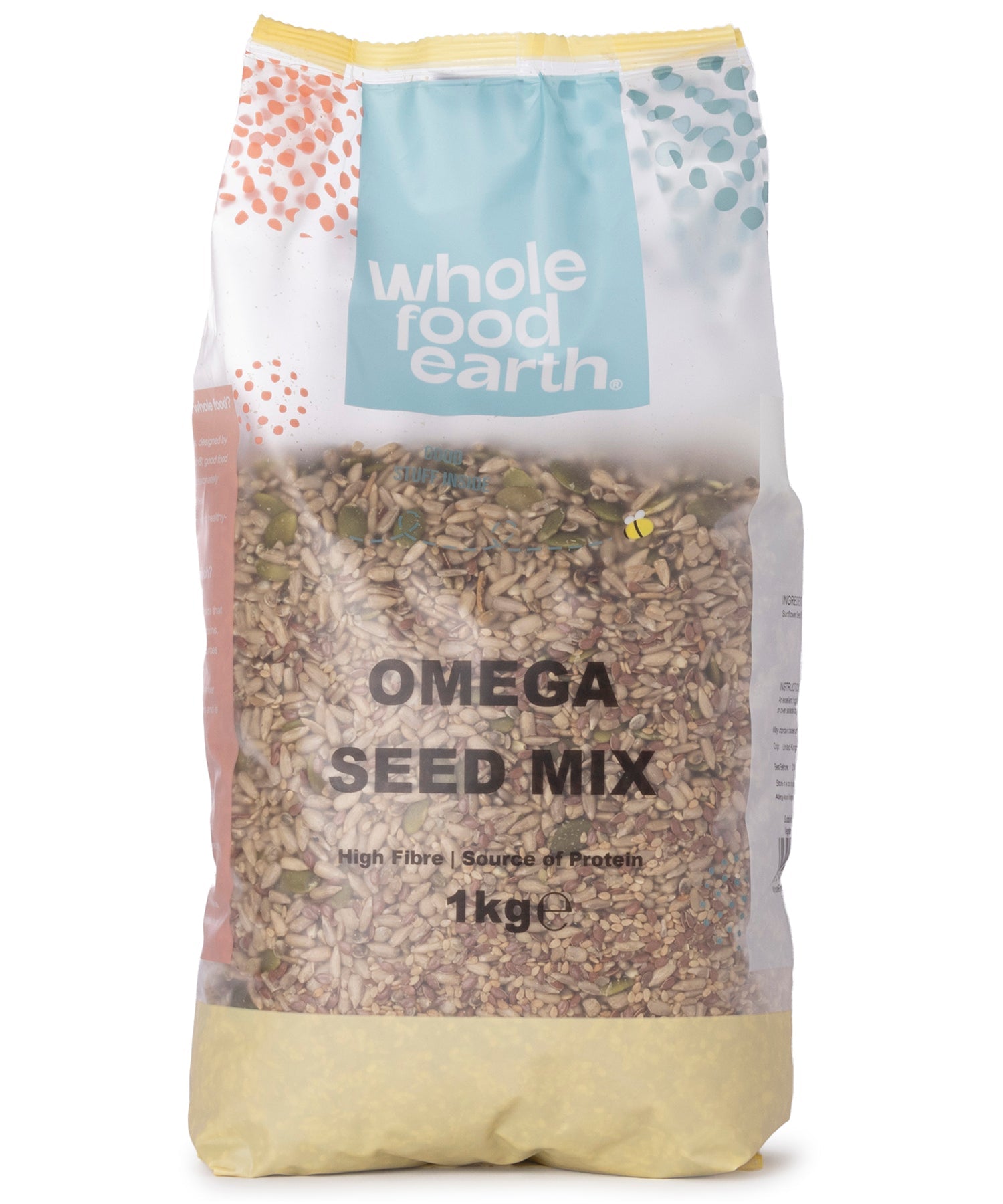 Whole Food Earth Omega Seed Mix featuring a blend of five nutritious seeds in a 1kg package.