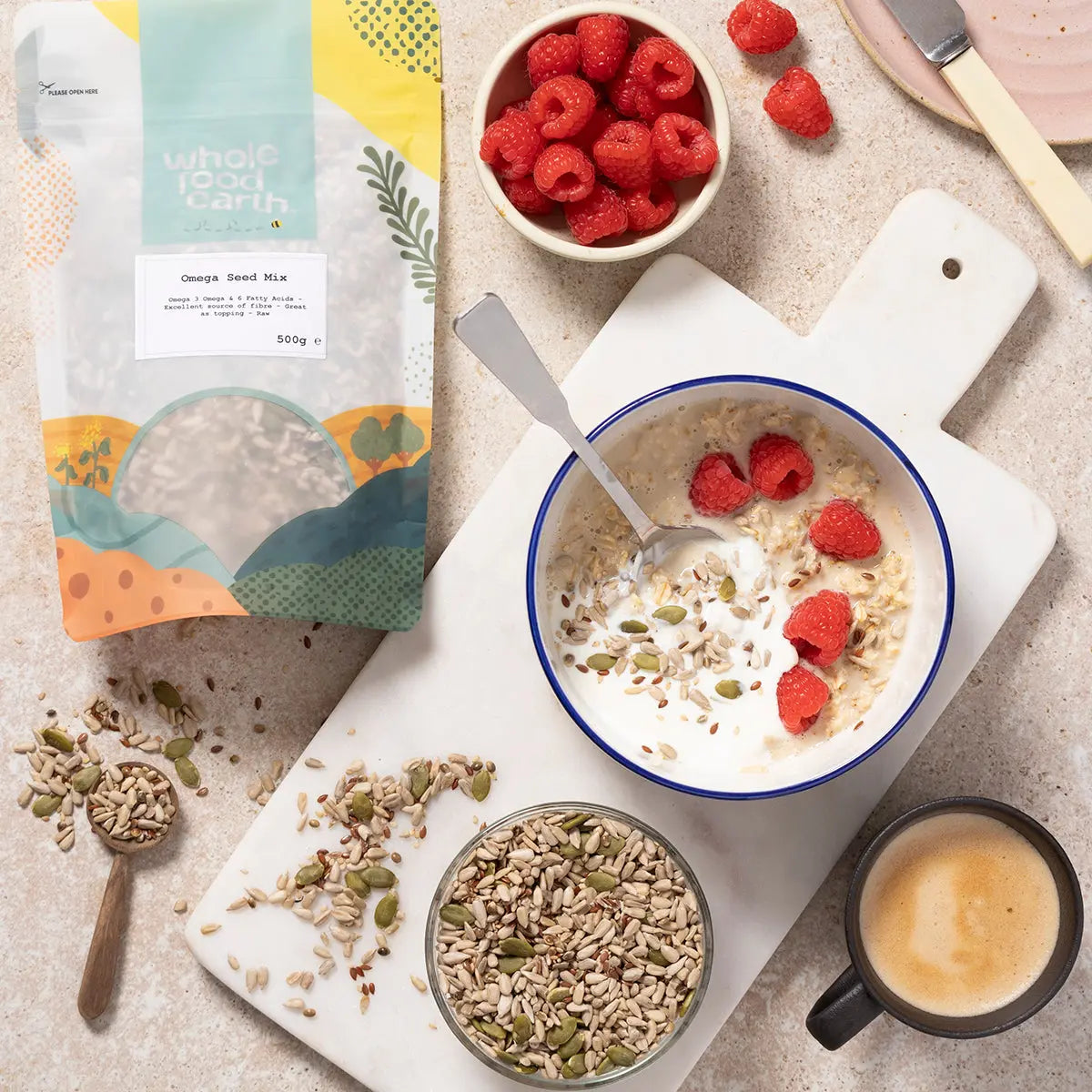 Mixed omega seed blend from Whole Food Earth with a variety of nutritious seeds in a natural setting.