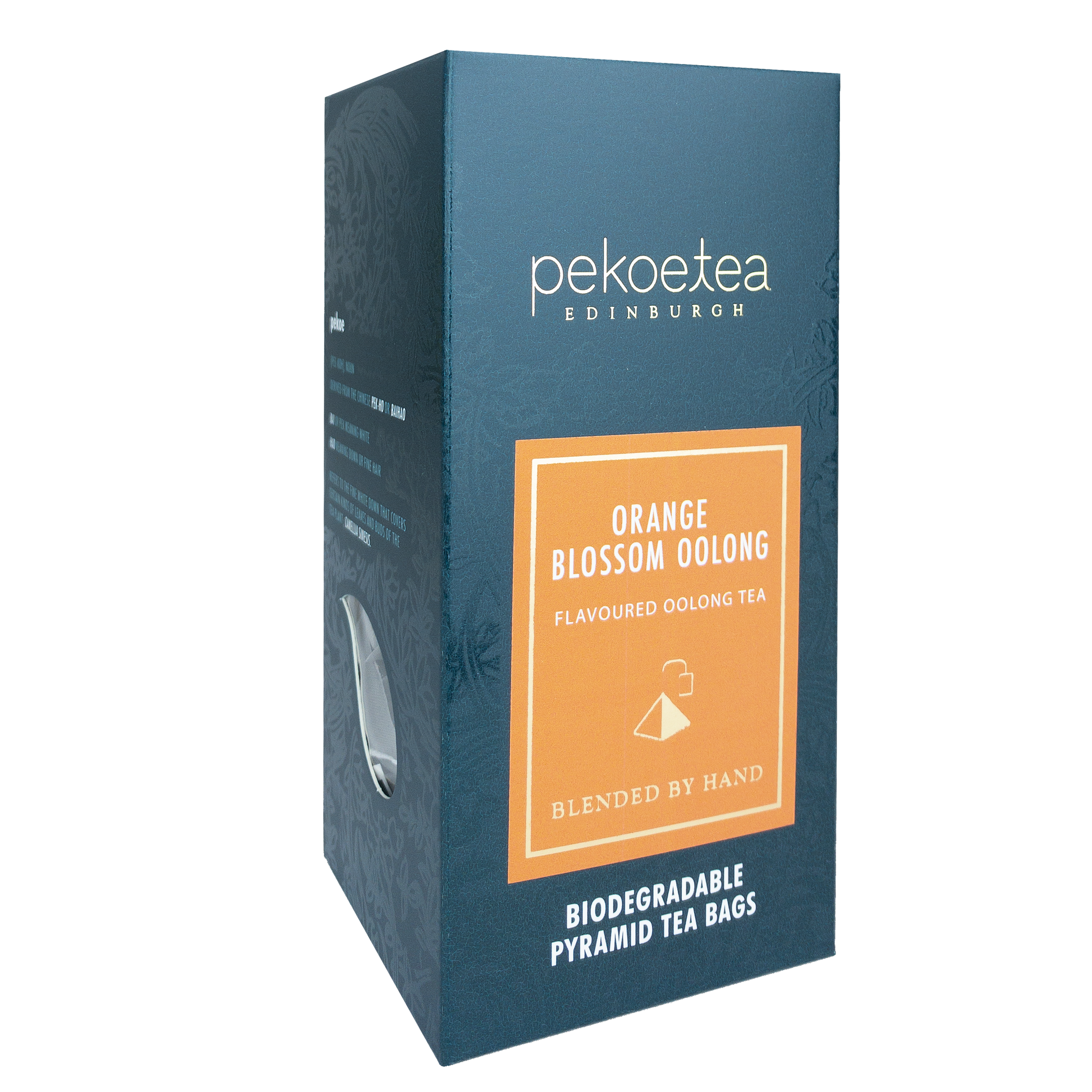 Fresh orange blossom oolong tea leaves from PekoeTea Edinburgh, showcasing vibrant orange blossoms and rolled tea leaves.