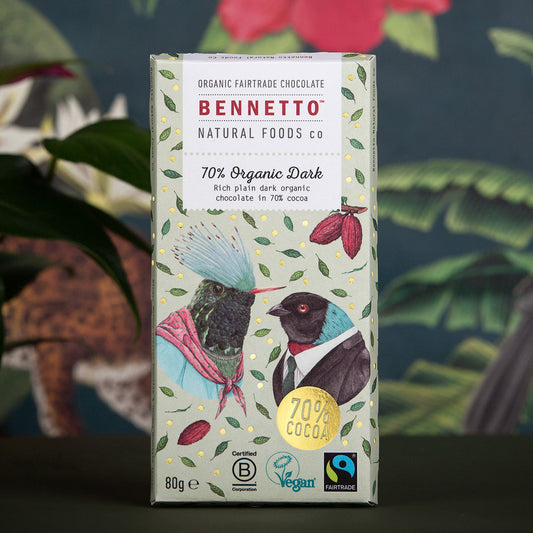 Bennetto Natural Foods UK 70% organic dark chocolate bar with rich, smooth texture and natural cocoa flavor.