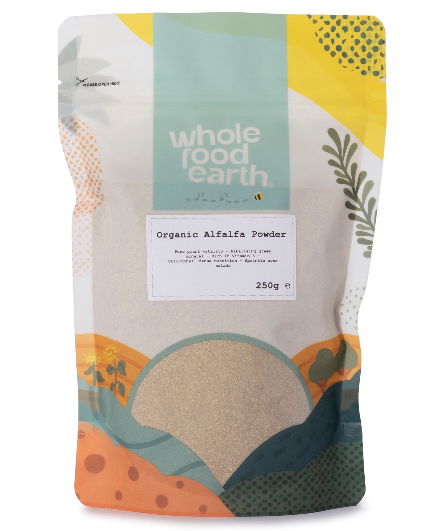 Organic alfalfa powder in a 250g package from Whole Food Earth, showcasing green herbal powder for health and nutrition.