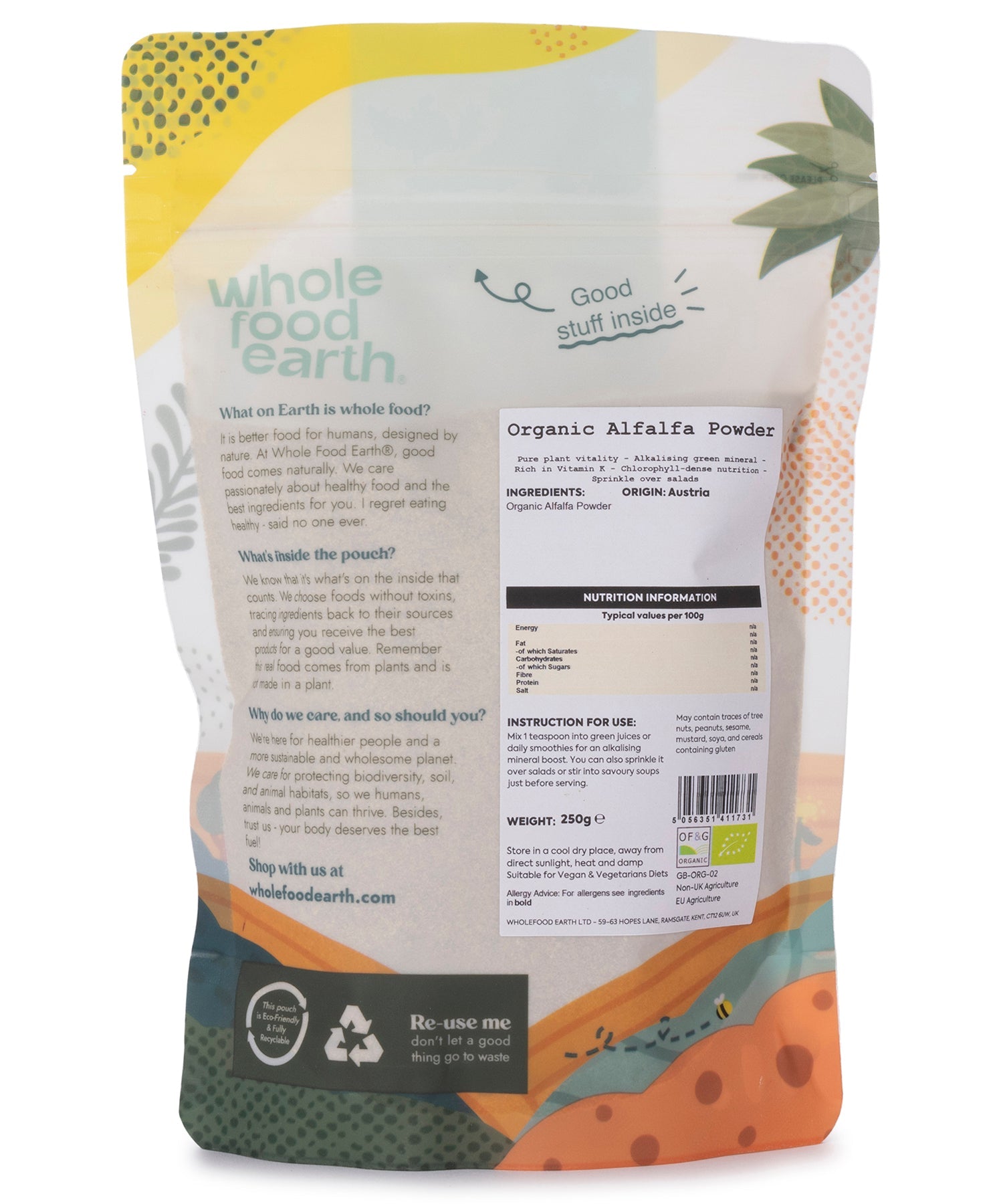Organic alfalfa powder in a 250g container, green herbal powder from Whole Food Earth, used as a natural herb and spice.