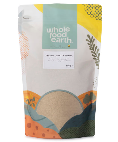 Organic alfalfa powder in 500g package from Whole Food Earth, showing fresh green herb powder for health and nutrition.