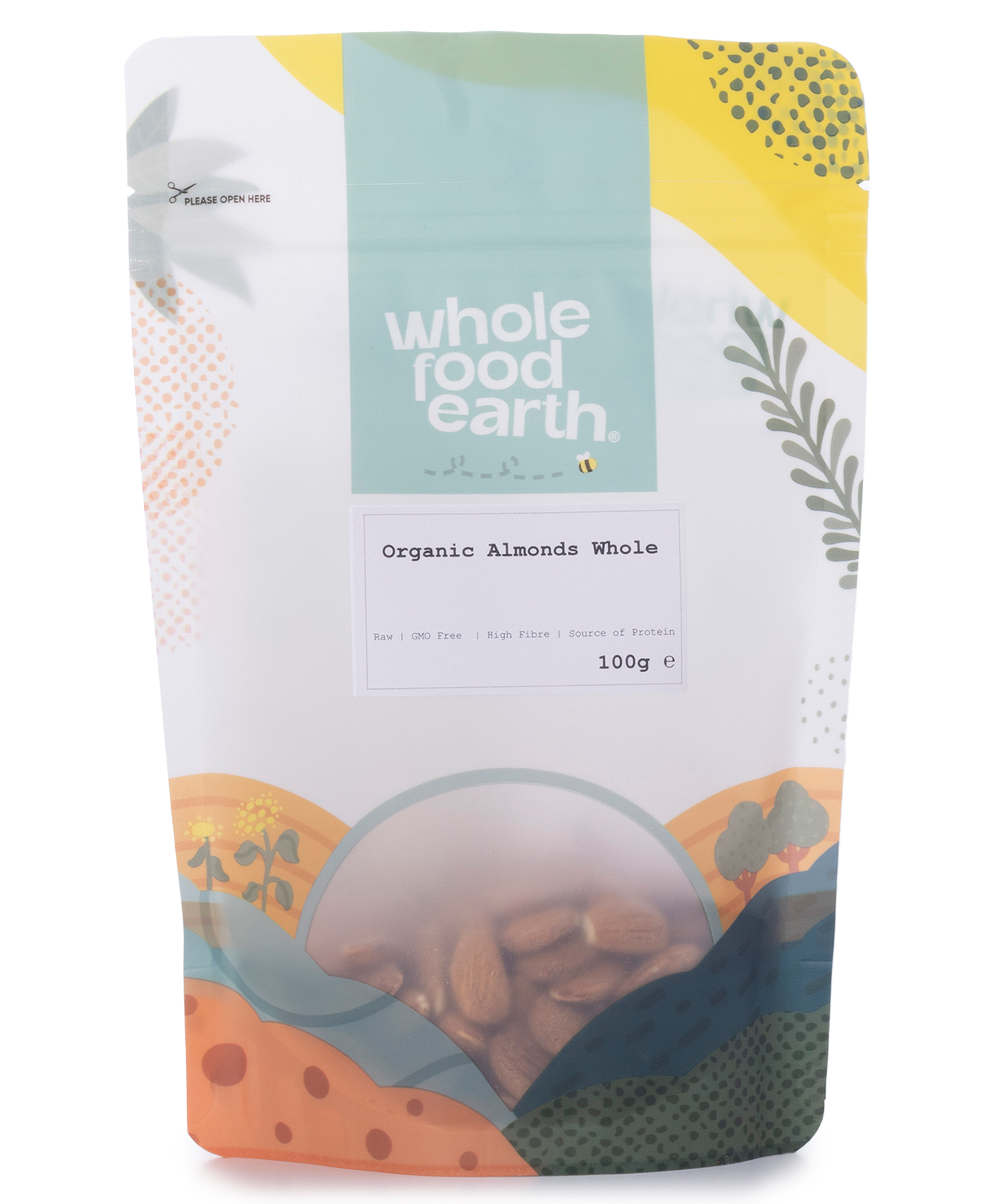Whole Food Earth organic whole almonds in a 100g package, showing fresh, raw almonds in a clear view of the natural nuts and seeds product.