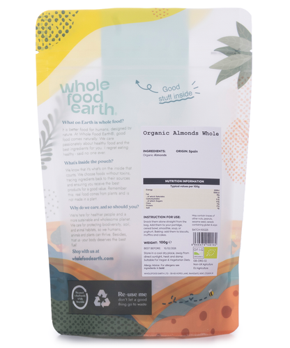 Whole Food Earth organic whole almonds, natural nuts and seeds in a 100g package, showing light brown, whole almonds.