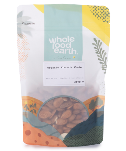 Whole Food Earth organic almonds, whole natural nuts and seeds, displayed in a clear container on a white background.