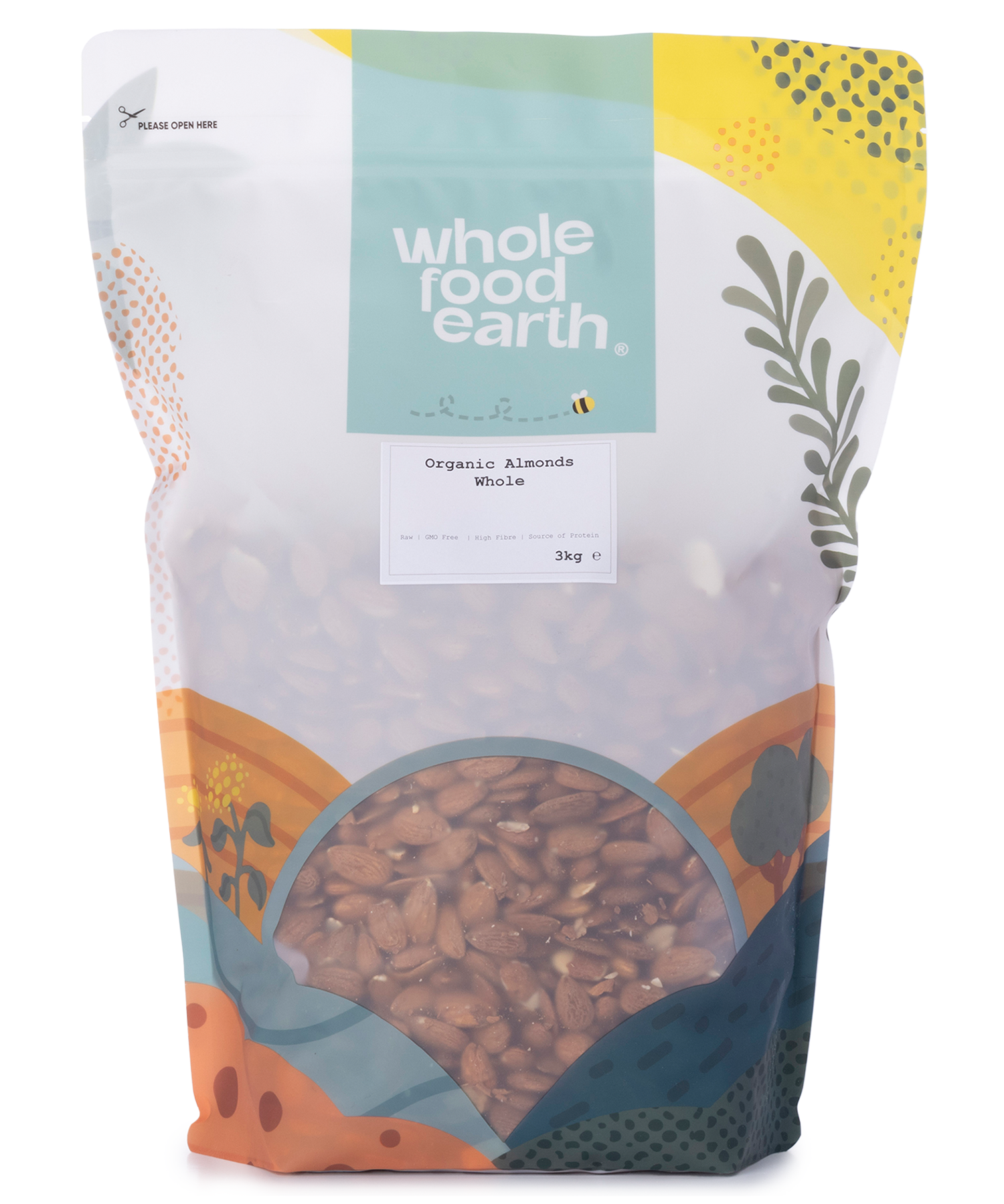 Whole Food Earth organic whole almonds in a 3kg bag, showcasing raw, natural almonds as a healthy nuts and seeds product.