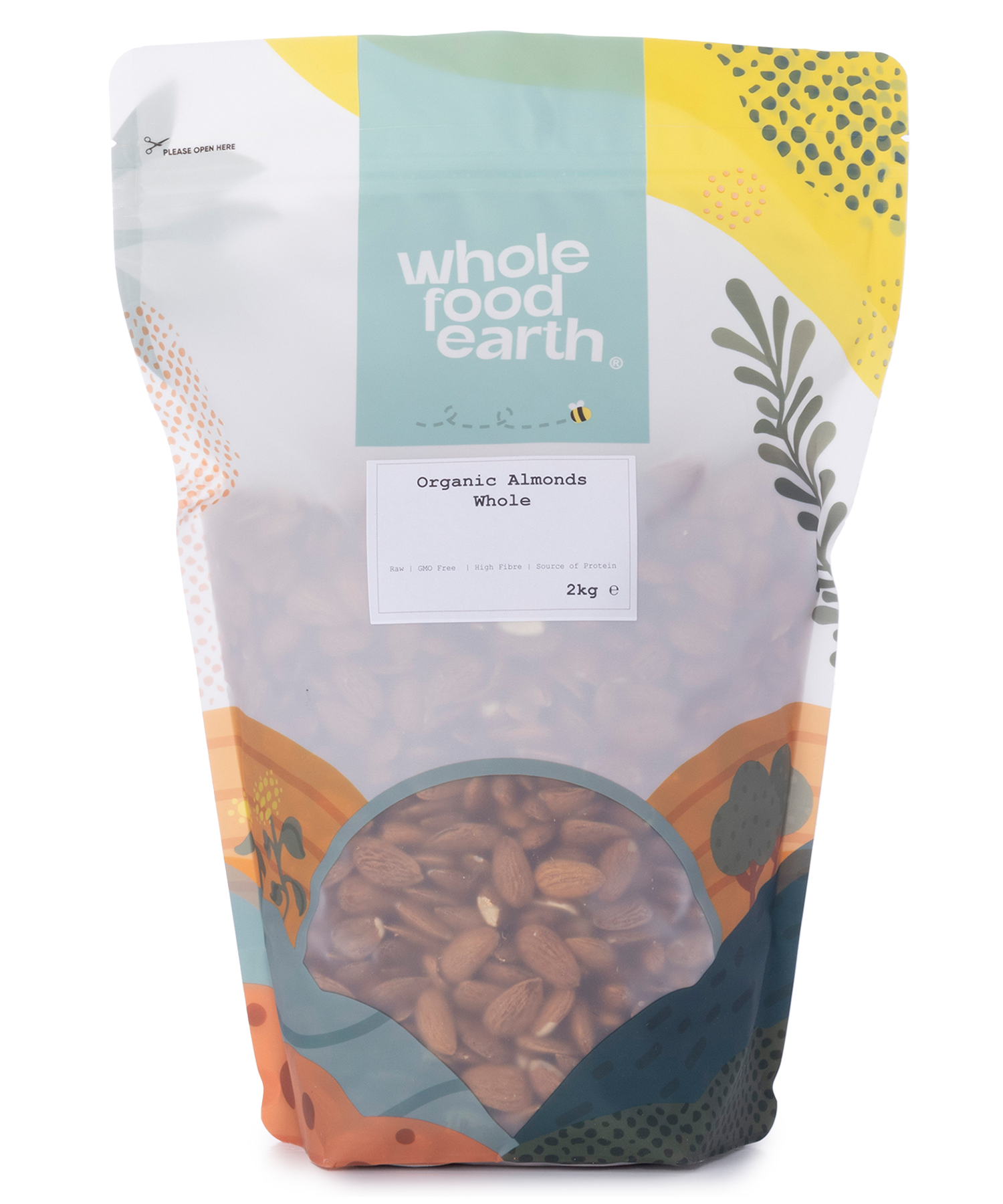 Whole Food Earth organic whole almonds in a 2kg bag, fresh and raw nuts for snacking or cooking.