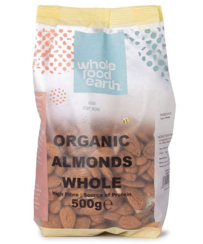 Whole Food Earth organic whole almonds in a clear bag, showing light brown, roasted almonds ideal for snacking and baking.