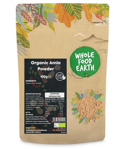 Organic Amla powder from Whole Food Earth, a vibrant green herbal spice in a clear 100g package, ready for culinary or health use.