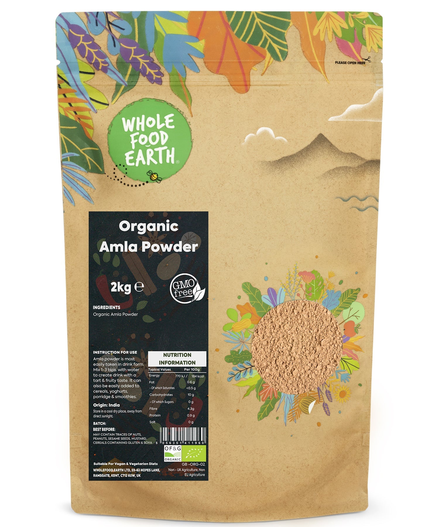 Organic Amla Powder from Whole Food Earth, a 2kg bag of herbal spice with vibrant, finely ground amla fruit powder.