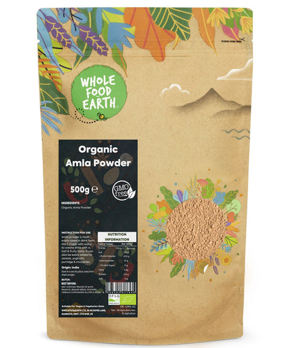 Organic Amla powder from Whole Food Earth in a 500g bag, finely ground herbal spice with vibrant green color.