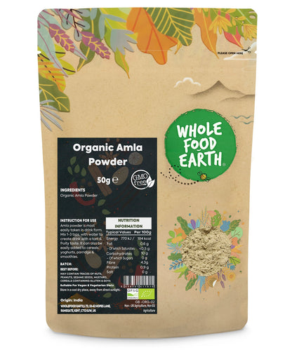 Organic Amla Powder from Whole Food Earth, 50g package, fine green herbal powder for health and culinary use.