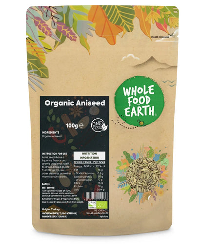 Organic Whole Food Earth aniseed herbs and spices in a 100g package, showing the small oval seeds used for flavoring.