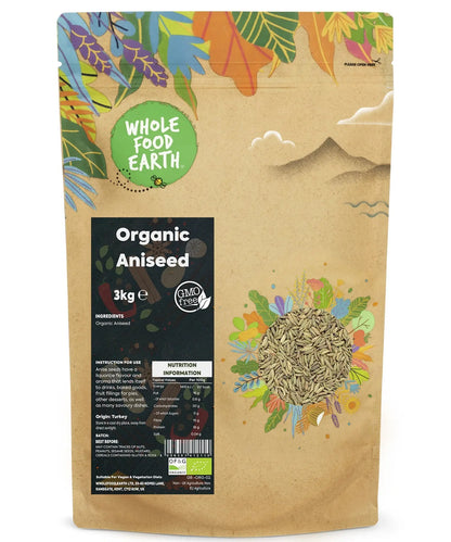 Whole Food Earth organic aniseed in a 3kg bag, showcasing small, aromatic seeds used as herbs and spices.