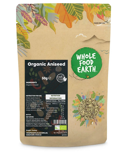 Organic aniseed herbs in a 50g package from Whole Food Earth, showing whole seed clusters on a natural background.