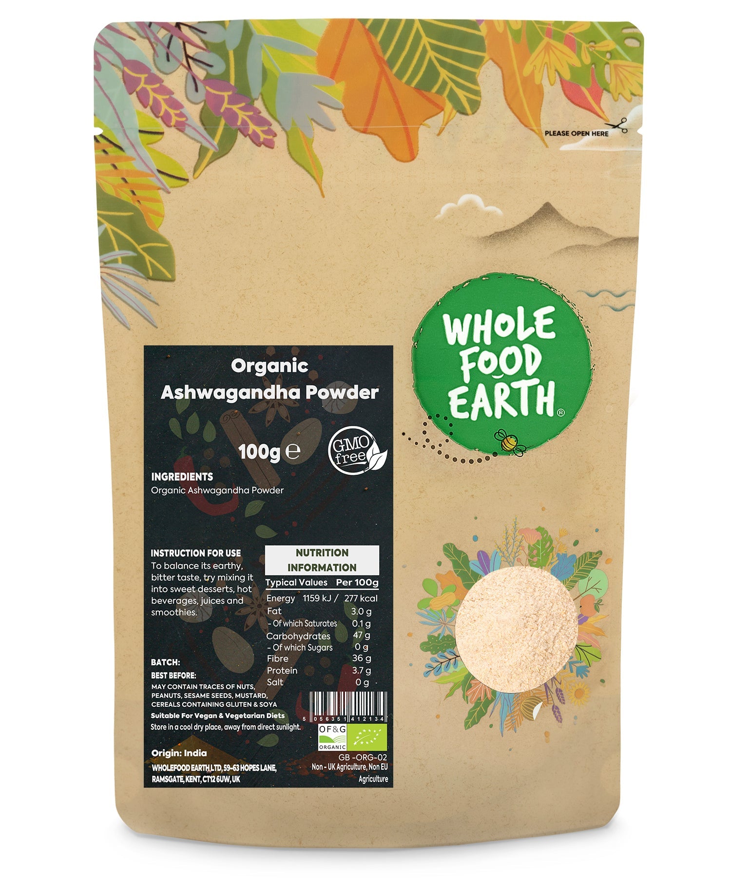 Organic Ashwagandha Powder from Whole Food Earth, 100g package, fine herbal spice in a clear container.