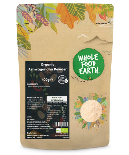 Organic Ashwagandha Powder from Whole Food Earth, 100g package, fine herbal spice in a clear container.