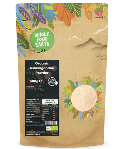 Organic Ashwagandha Powder from Whole Food Earth, showcasing a 500g jar of herbal supplement powder on a wooden surface.