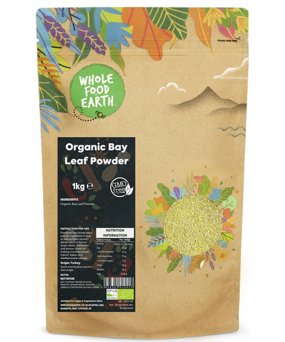 Organic bay leaves powder in a jar, whole food earth brand, 1kg, fine green herbal spice for cooking and seasoning.